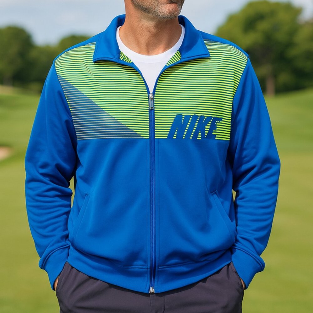 Nike Golf Sport Dri-FIT Track‎ Jacket Men L Blue Lime Green Striped Full Zip